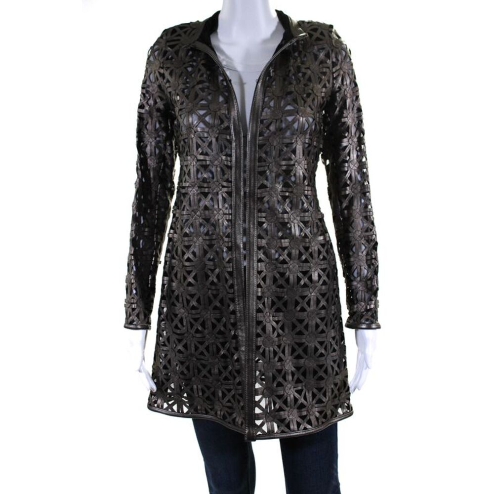 In Transit Womens Laser Cut Metallic Mesh Leather Jacket Brown Black Size Large